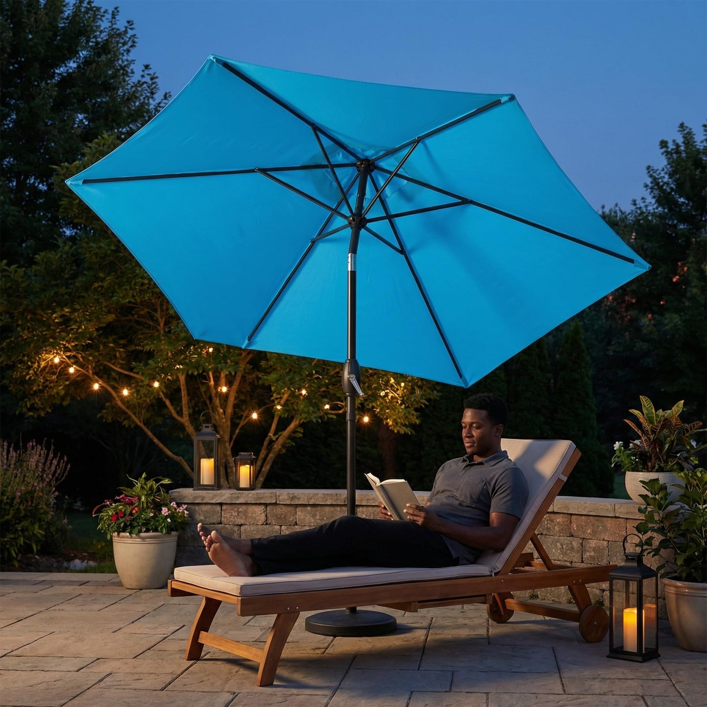 Wisteria Lane Outdoor Patio Umbrella, Market Umbrella, Large Outdoor Umbrella, Metal Pole Umbrella with Push Button Tilt and Crank, Polyester Canopy, Light Blue