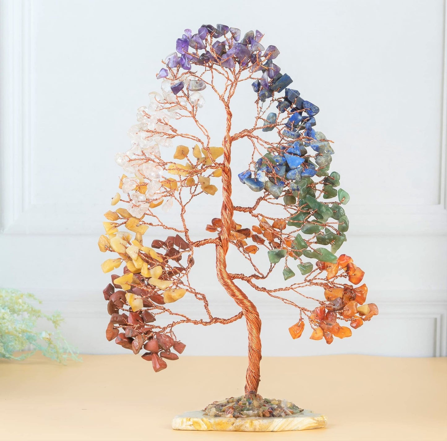 Crocon® 7 Chakra Tree of Life Spiritual Wisdom, Agate Slice Base, Handmade Crystal Tree for Positive Energy, Creativity, Seven Chakra Healing Stone, Attract Good Luck & Charm, Feng Shui Decor, Gifts