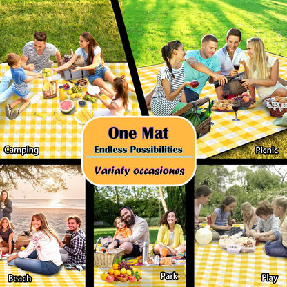 CUNCUI Picnic Outdoor Blankets, Extra Large 79x79in Beach Blanket, Thick 3-Layers Camping Waterproof Mat for Camp Hiking Park, Portable Foldable Rug for Family-Yellow, Sandproof & Machine Washable
