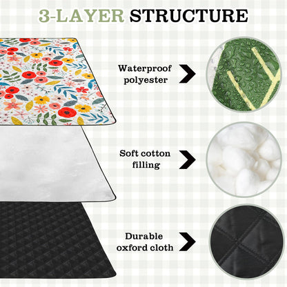 Tegeme Beach Picnic Blanket Floral Waterproof Outdoor Blanket 80''x80'' Extra Large Portable Sandproof Machine Washable 3 Layer Thick Gingham Picnic Mat for Beach Camping Park Grass(Beige)
