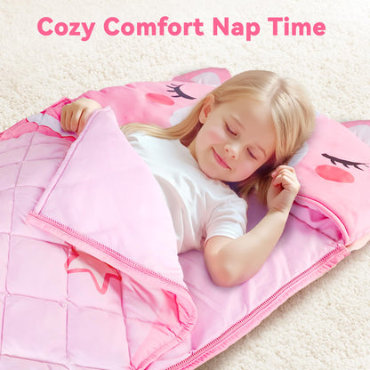 iPlay, iLearn Kid Sleeping Bag, Unicorn Slumber Sack, Toddler Girl Nap Mat, 2 in 1 Pink Animal Cushion Blanket, Happy Travel Sleepover Daycare Preschool Birthday Gift for 3 4 5 6 Year Old Child