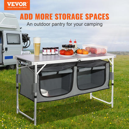 VEVOR Camping Kitchen Station, 3 Adjustable Height Folding Outdoor Camp Cooking Table with Storage Organizer, Quick Set-up for Patio BBQ Picnic Glamping Traveling