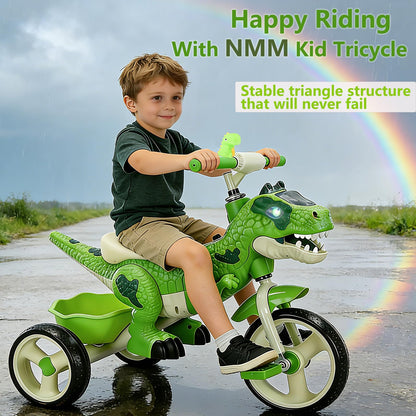 NMM Dinosaur Tricycle for Toddlers, Kids Trike with Music, LED, Tricycles for 3-5 Year Olds, for Rider, Big Wheel, Storage Basket, Horn, Toddler Bike for Boy, Dinosaur Toys for Kids 2-4 4-7
