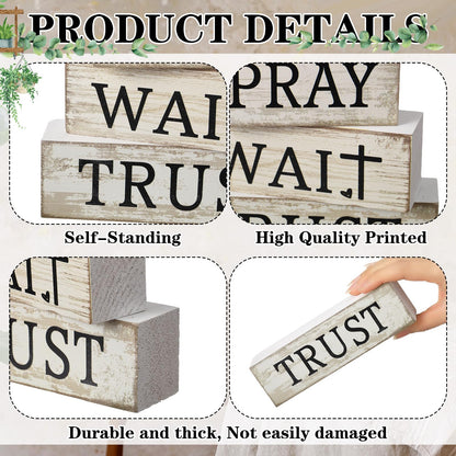 CroBlissful 4 Pcs Farmhouse Table Decor Christian Religious Gifts Bible Verse Decorative Sign Mother's Day Inspirational Pray Wait Trust Gifts Table Centerpiece for Home Kitchen Shelf Mantle