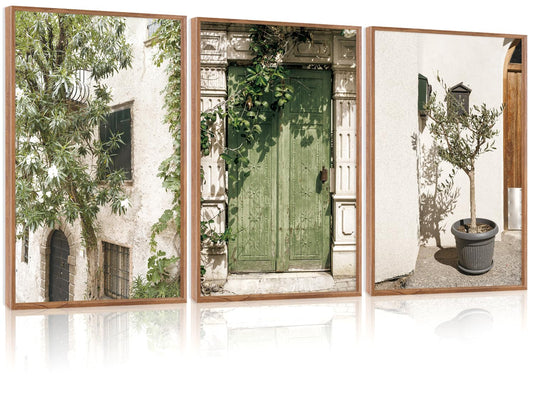 CHDITB Vintage Italy City Landscape Framed Canvas Wall Art Set, Mediterranean Door Wall Decor, Olive Green Cityscape Painting, Tree Old House Italian Art Print For Living Room Bedroom Office 16"x24"x3