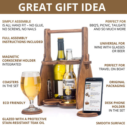 ROSTMARYGIFT Wood Wine Bottle and Glasses Caddy - Beer Carrier - Drinking Desk Accessories - Men's Organizer - Glass Tray Holder - Storage Stand - Drink Holder for Beer