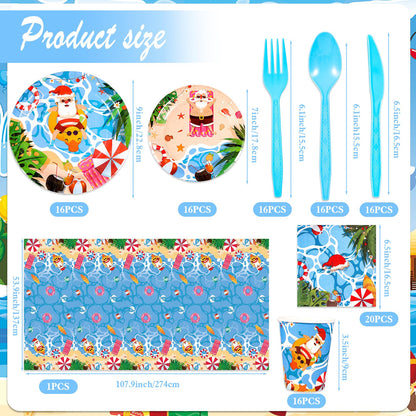 HOWAF 117pcs Hawaii Christmas Decorations Tableware Set, Paper Plates and Napkins Sets Plastic Xmas Santa Tablecloth Disposable Dinnerware Beach Party Paper Cups Forks Supplies