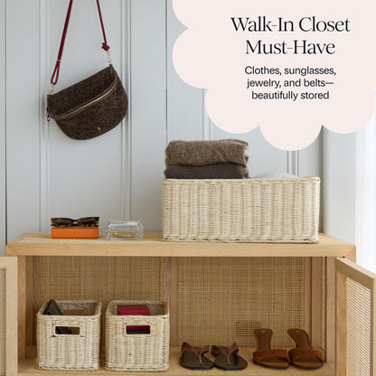 BEBE BASK Handwoven Rattan Wicker Basket Set of 3 (17 × 13 × 7 in) – Wicker Baskets For Organizing, Woven Basket, Wicker Storage Baskets For Shelves, Home, Nursery & Toy Storage