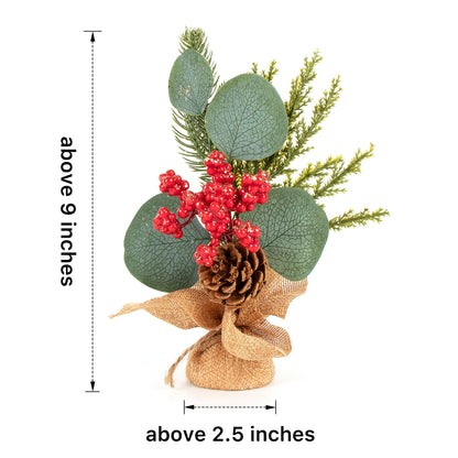 MINDELF 6 PCS Rustic Mini Christmas Tree Tabletop Set, Mixed Green Leaves, Red Berries and Pine Cones, 9 inch Artificial Trees with Burlap Bases, Ideal for Holiday Home Office Table Centerpiece