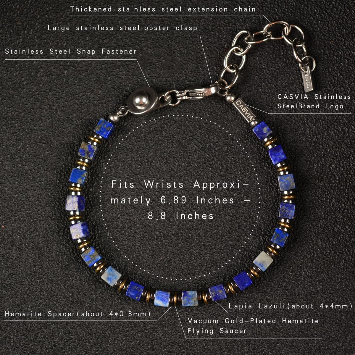 Casvia Handmade Lapis Lazuli Hematite Mens Bracelet, Stainless Steel Dual-Clasp, Adjustable 6.89-8.8 Inch, Spiritual Chakra Symbolism, Birthday Holiday Gift for Dad Husband Boyfriend