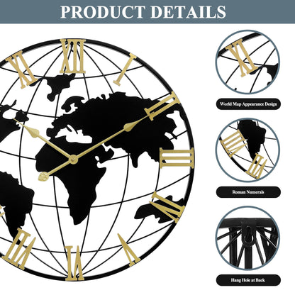 LEIKE Large Wall Clock 24IN, World Map Modern Style Wall Clocks, Big Clock for Wall Living Room Decor, Office Wall Decor, Silent Non-Ticking for Bedroom, Kitchen, School