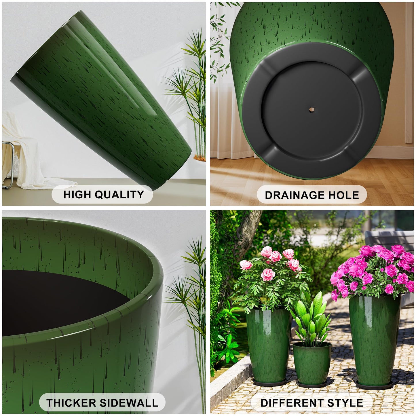 QCQHDU 24,21,11 inch Large Planters with Drainage Hole & Saucer, Set of 3 Plant Pots Tall Planter for Indoor & Outdoor Plants Home Modern Decor