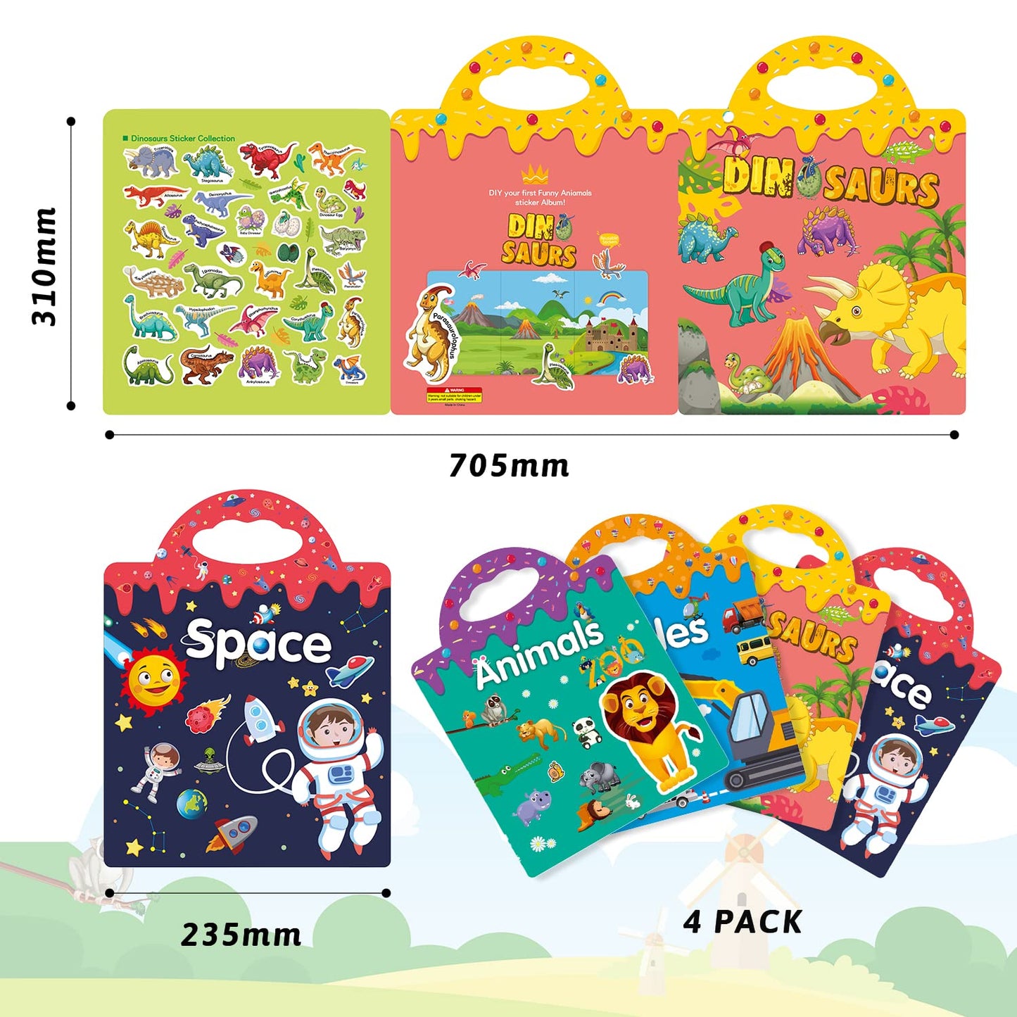 Reusable 4-Set Sticker Books for Toddlers 2-4, Toy Stickers Pad Reusable Sticker Books for Toddlers 1-3 Fashion Activity, Birthday Gift Toy for Girl Boy(Animals, Dinosaurs, Space, Vehicles)