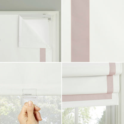 Sun Zero Marline Pink Ribbon Border 100% Total Blackout Cordless Roman Shade, Pink/White, 35" W x 64" H