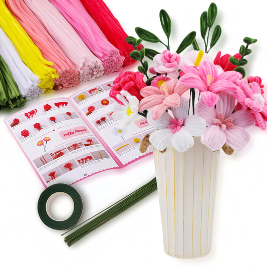 HUEYTON 450Pcs Pipe Cleaners Pink Flower Bouquet Craft Kit, Assorted Pink Chenille Stems for DIY Art, Ideal for Party Decor, Home Accents & Handmade Gifts