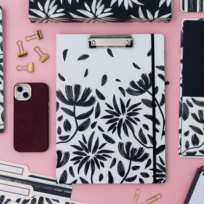 Steel Mill & Co Cute Clipboard Folio with Refillable Lined Notepad and Interior Storage Pocket, Padfolio for Work/Nursing/Teachers, Hand Drawn Black Floral