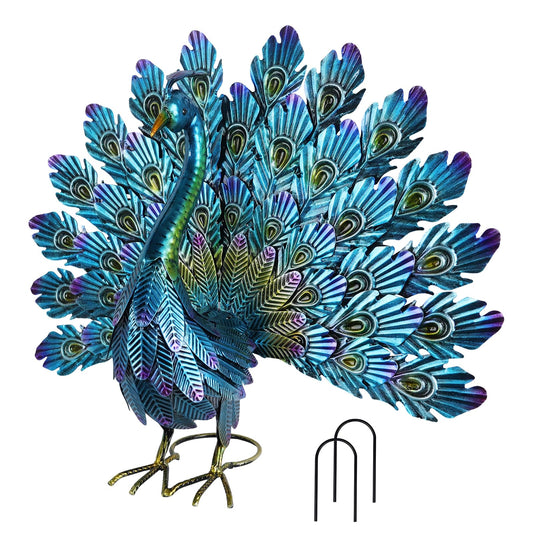 YEAHOME Garden Decor Outdoor Statues, 22.4" Large Metal Peacock Standing Yard Art, Blue Green Bird Lawn Sculptures Garden Decor for Outside Patio Porch Backyard