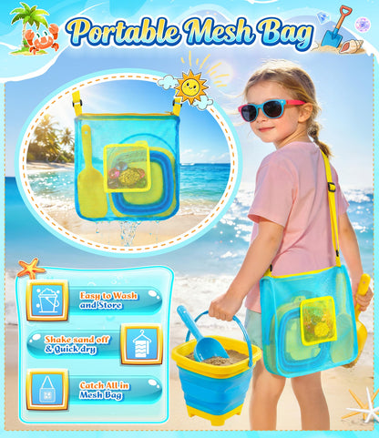 DISHIO Beach Toys for Kids, 25 Pcs Metal Sand Sifter & Collapsible Beach Buckets Set, Stainless Steel Sand Shovel, Sandcastle Building Kit with Mesh Bag, Travel Sand Toys for Toddlers Age 3-10