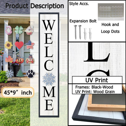 Aurapeak Interchangeable Welcome Sign for Front Porch Door, Outdoor Leaner Home Wooden Frame With 12 Pcs Replaceable Icons Outside Standing Seasonal Welcome Holiday Decorations (45"X9" Black)