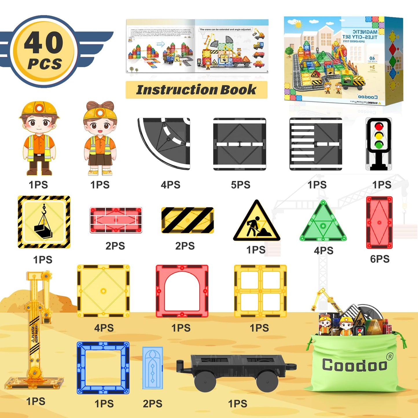 Coodoo Kids Games Magnetic Tiles Road Set with Extendable Magnetic Crane, City Construction Building Toys for Toddlers STEM Preschool Ages 4-6 5-7, Gifts for 3+ Year Old Boys Girls Kids Toys with Car