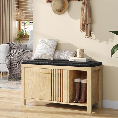 UNIQUITE 40" Shoe Storage Bench with Flip Drawers & Padded Seat Cushion, Open Compartments & Slatted Doors, Entryway Bench with Shoe Storage for Entryway, Hallway, Living Room, Bedroom, Natural