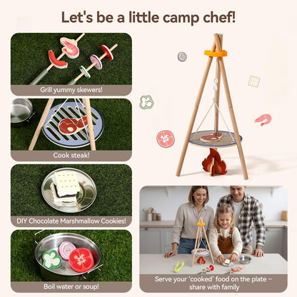Wooden Kids Camping Toy Set, Campfire Cooking Play Set with Tripod Grill, S’Mores & Kebab Skewers, Montessori Pretend Camping Kitchen Gift for Toddlers Ages 3–6