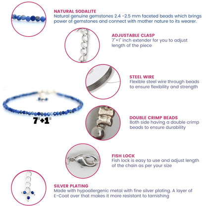 Gempires Sodalite Dainty Bracelet for Women | Handmade 2.5 mm Faceted Beads | Minimal Stacking Jewelry | Adjustable Lightweight Fit | Blue Crystal Gift