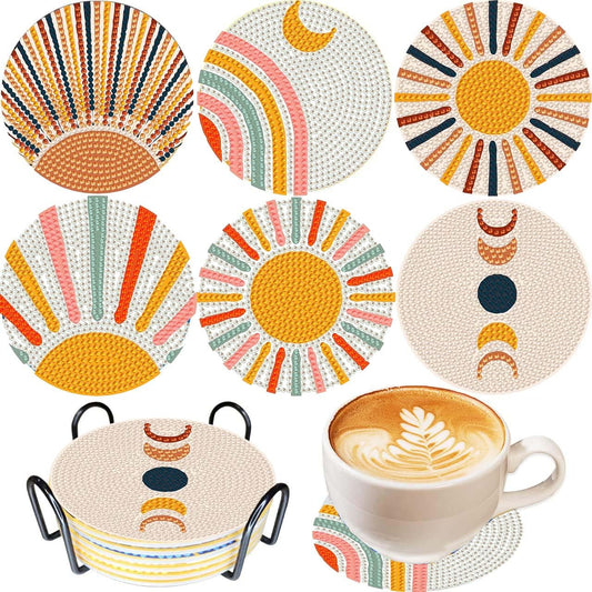 5D DIY Boho Minimalist Sun Moon Diamond Paintings Coasters with Holder for Adults Beginners, 6 pcs Round Full Drill Diamond Art Craft Supplies (Sun Moon QLBD-16)