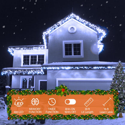 USOKYO Icicle Christmas Lights Outdoor, 480 LED 39FT String Lights With 96 Drops, 8 Modes and Timer, Twinkle Fairy Lights for House Patio Bedroom Wedding (Cool White)