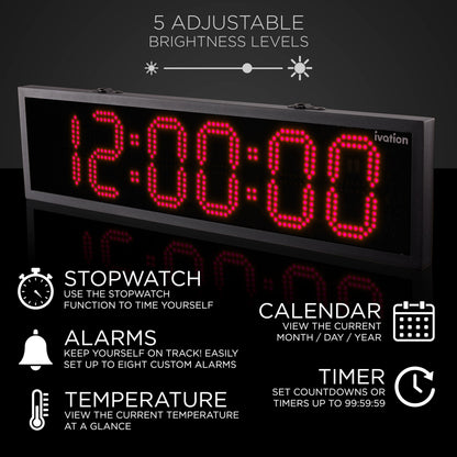 Ivation Oversized 36" Outdoor Waterproof Digital Clock, Auto Time Sync - LED Digital Clock with Large Multi Function Display - Stopwatch, Timer, Alarms, Temp & Date - Wall or Chain Mount (Red)