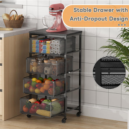 4-Tier Fruit Vegetable Storage Cart - Kitchen Organizer and Storage Cart with Wheels, Wooden Top Metal Wire Fruit Vegetable Rack Stand with Drawers to Storage Cans Snacks for Kitchen(Patent Pending)
