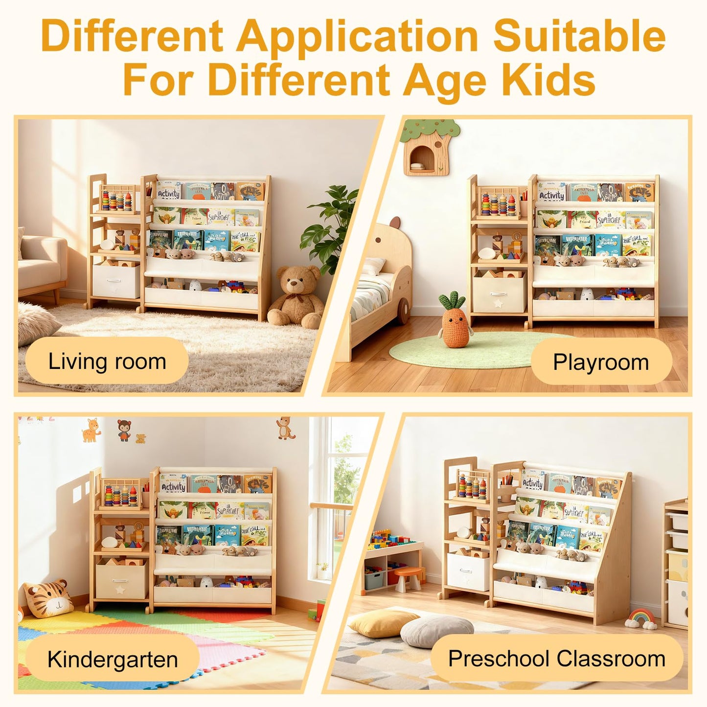 CACEJO Kid Bookshelf and Toy Storage Organizer - White 3 Tier Wooden Kids Book Shelf for Kids Rooms, Toddler Bookshelf Baby Bookcase for Nursery Class Room, Play Room- Cream White