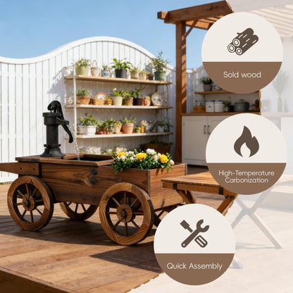 Outdoor Water Fountain, Wooden Wagon Garden Fountain with Planter Box, Rustic Cart Water Feature with Retro Hand Pump, Decorative Outdoor Flower Pot for Patio & Backyard, Plug-in Electric