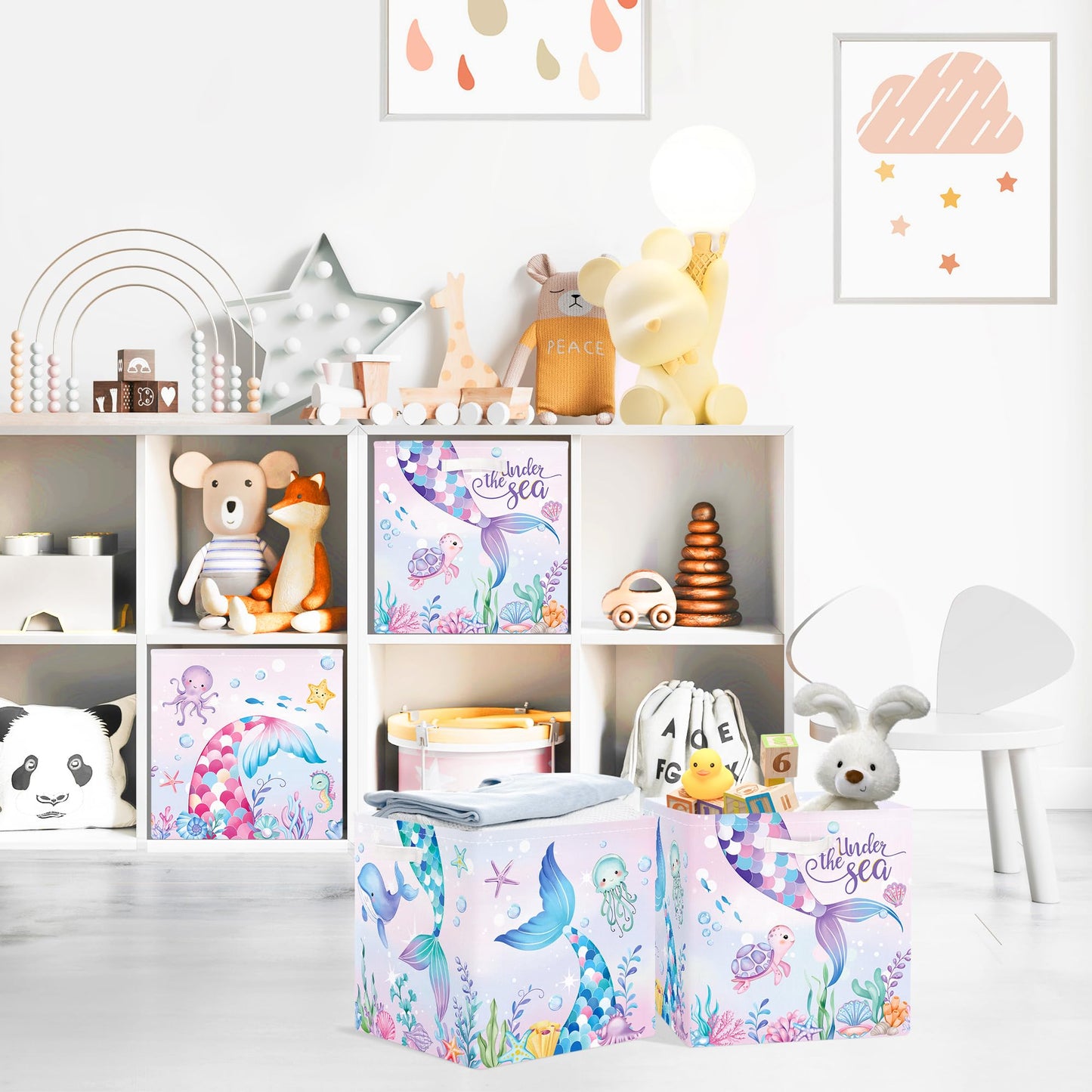 Clastyle Mermaid Tail Kid Storage Cube Organizer Set with Metal Frame Ocean Animal Turtle Closet Clothes Toy Storage Bin Nursery Toddler Girl Book Shelf Basket, Colorful Seaweed, 11.8x11.8x11.8 in