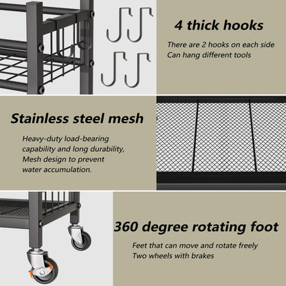 Garden Tool Organizer with Wheels for Garage and Shed, Spacious Tool Storage, Multi-Tier Design with Side Hooks for Rakes, Shovels, Brooms, and Yard Tools Rolling Cart