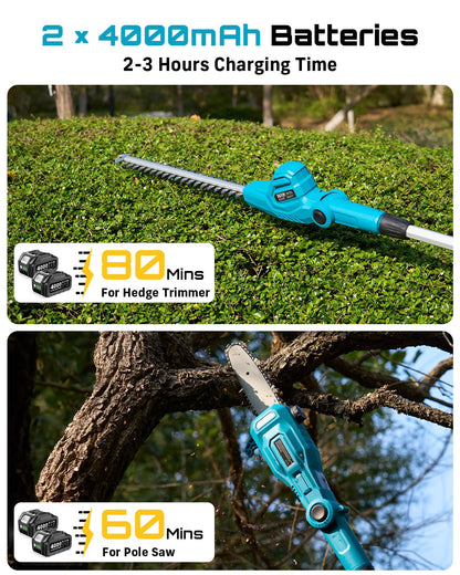 SEESII 2-in-1 Cordless Pole Saw & Hedge Trimmer Combo, 8" Electric Pole Chainsaw with 2×4.0 Ah Batteries, 16-Inch Extension Pole Hedge Trimmer, Bush Tree Pruner Limb Branch Cutter, 15ft Long Reach