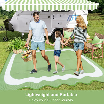 Uphome Outdoor Rug Waterproof 8x10, Large Reversible Green Scalloped Patio Plastic Straw Rugs, Foldable Modern RV Camping Outside Carpet Mat for Pool Back Yard Deck Picnic, 8 x 10 ft