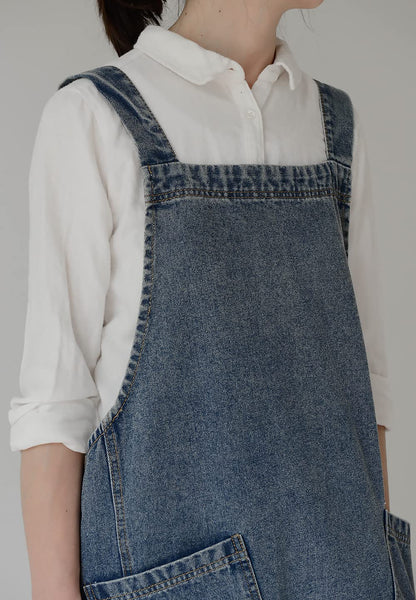 BCHWAY FAMILY Denim Apron with Large Pockets for Cooking Kitchens, Gardening Aprons for Women Men, Bib Jean Apron for Arts Cafe Work (Style B, Deep Blue)