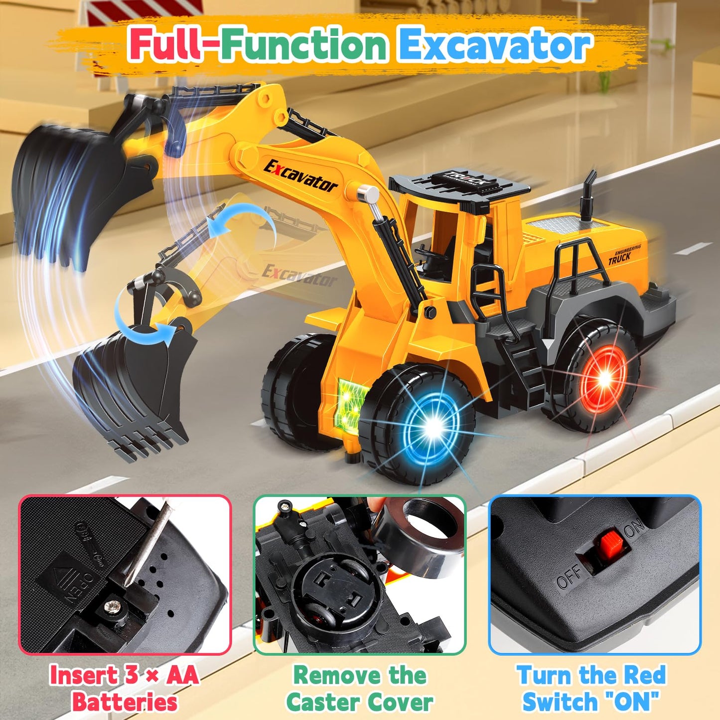 Car Toys for Toddlers, Excavator Toy with 2 Flashing Lights Music, Toy Trucks Construction Vehicle with 1 Moving Arm, Baby Toys for 3 4 5 6 Year Old Boys, Kids Valentine's Day Easter Birthday Gifts