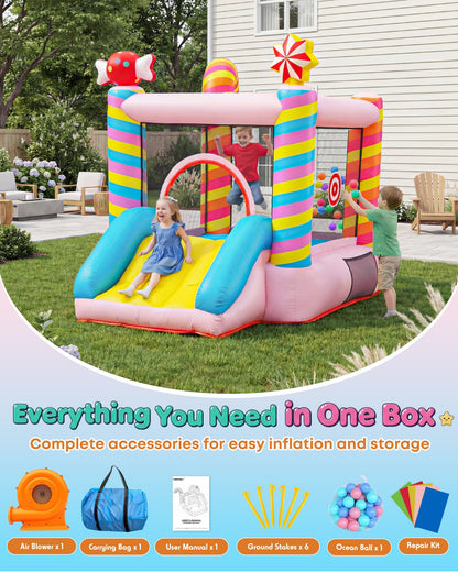Candy Bounce House for Kids Ages 3-6, Sweet Inflatable Bouncy Castle with Slide, Indoor Outdoor Small Jumping House with Blower, Mini Toddler Bounce Castle for Birthday Gifts and Holidays