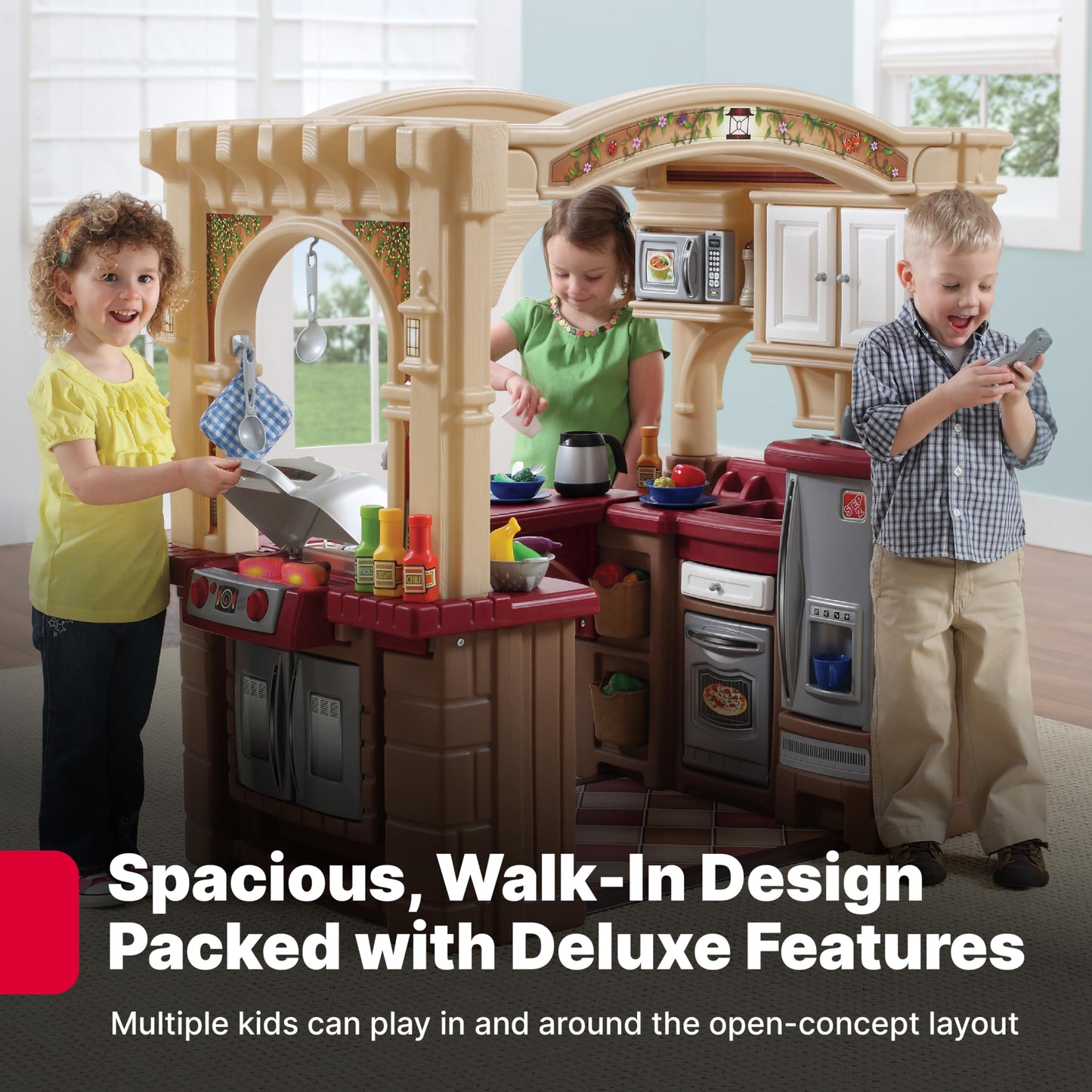 Step2 Grand Walk-In Kitchen & Grill Kids Playset, Indoor/Outdoor Kitchenette, Interactive Play with Lights and Sounds, Durable Plastic, 103 Piece Toy Accessories, Toddlers 2+ Years Old, Brown/Tan