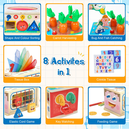 Ancaixin 8-in-1 Montessori Baby Tissue Box Toy for 12+ Months, Wooden Activity Cube, Puzzles 12-18 Months, Sensory Toys for Toddlers 1-3 Preschool Learning, 1 Year Old Boys Girls Baby Birthday Gift