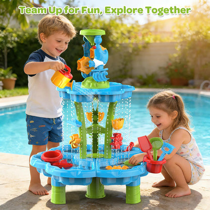 JSDOOGOO 3-Tier Kids Toddlers Water Sand Table - Multifunctional Summer Outdoor Toys with Stable Design,Sensory Learning Backyard Poolside Beach Activity Playset Gift for Boys Girls(Azure)