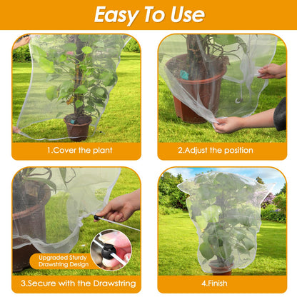 4 Pack Insect Bird Barrier Mesh - Blueberry Bush Netting Cover Insect Bird Netting Tomato Protective Cover with Drawstring Garden Mesh Netting for Vegetables, Fruits, Trees, 3.3Ft x 4.92Ft