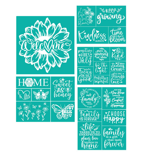 JAJADO 5Pcs Self Adhesive Silk Screen Stencils - Farmhouse Family Welcome Home Screen Print Mesh Stencils - Inspirational Faith Reusable for Painting on Wood Sign/Porch Sign/T-Shirt/Cup/Mug/Glass