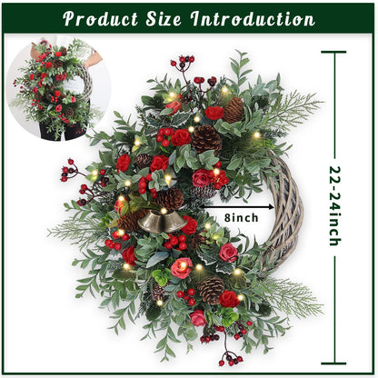 Christmas Wreath for Front Door, Artificial Door Wreaths with LED Lights Bells Berries & Pinecones Christmas Decorations, Xmas Wreaths for Wall Window Fireplace Holiday Home Decor