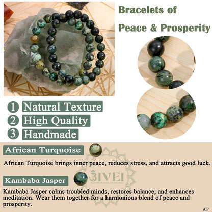 Bivei Natural Gemstone Semi Precious Crystals Handmade Stretchy Round Beads Bracelet, Enhance Positive Energy,Stocking Stuffers for Women(African Turquoise & Kambaba Jasper(Peace & Prosperity)Medium)