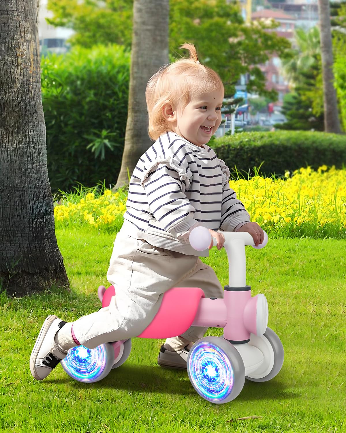 Toddler Toys Balance Bike for 1 Year Old Girl Gifts,4 Wheels Colorful Lighting with Music Baby First Bike,Toddler Girl Toys Balance Bike for 1st 2 Year Old Birthday Gifts