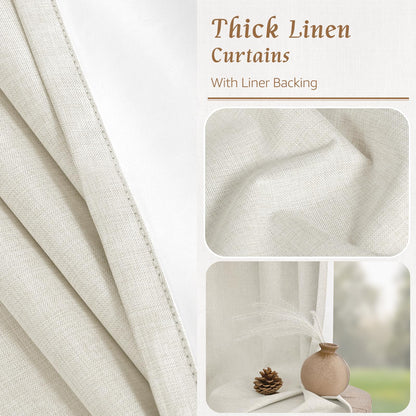LAMIT 100% Blackout Natural Polyester Curtains, 63 Inches Linen Textured Thermal Bedroom Curtains Back Tab and Rod Pocket Neutral Panels with White Liner for Farmhouse, 2 Panels, 52 x 63 Inch, Ivory