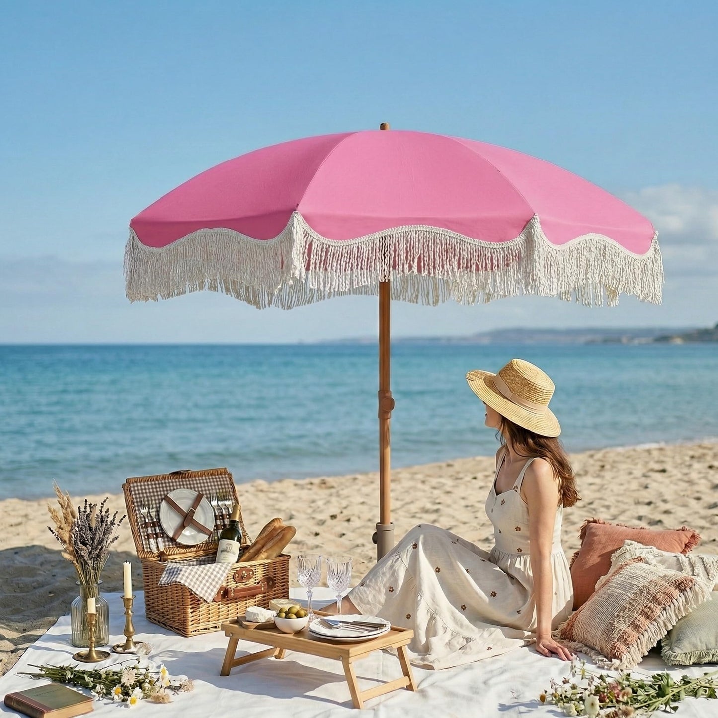 Patio Kingdom 7ft Patio Umbrella with Fringe, Boho Beach Umbrellas, Outdoor Tassels Umbrellas with Push Button Tilt & Carrying Bag, 8 Windproof Fiberglass Ribs, UPF50+, Light Pink